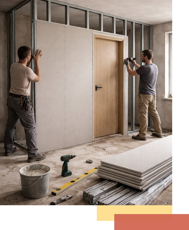 Перегородка из гипсокартона с дверью под ключ в Учалах