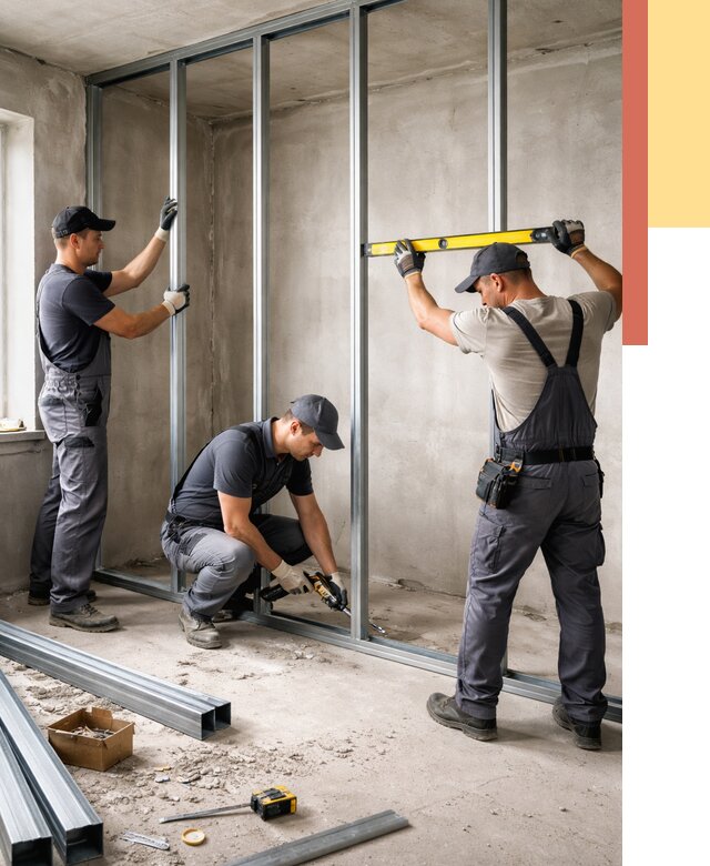 Монтаж каркаса перегородки из профиля в Учалах от 763 руб. | ОТДЕЛОЧНИК-Члы