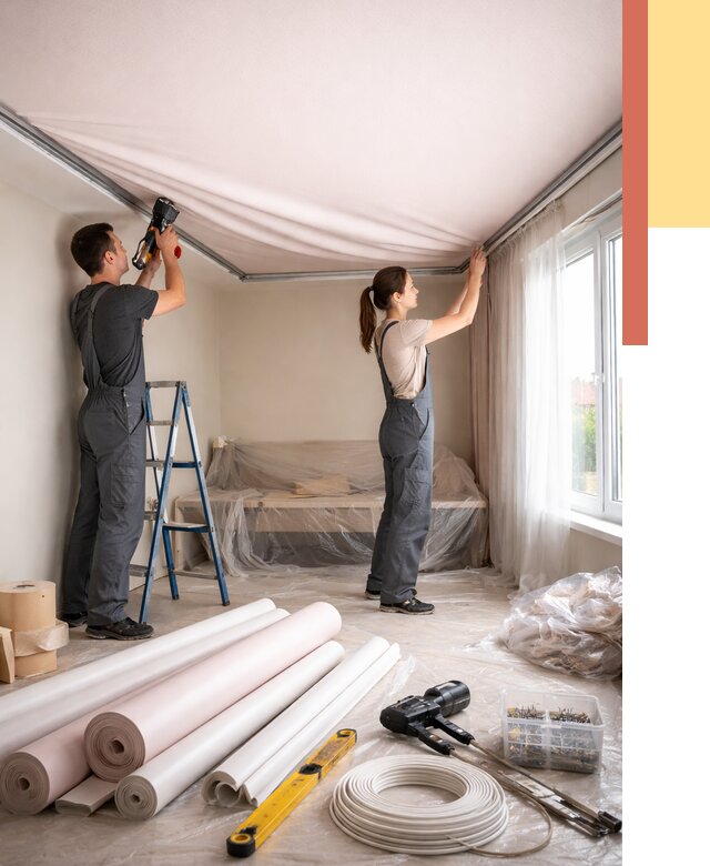 Монтаж цветного натяжного потолка в Учалах от 4270 руб/м² — быстро и недорого | ОТДЕЛОЧНИК-Члы