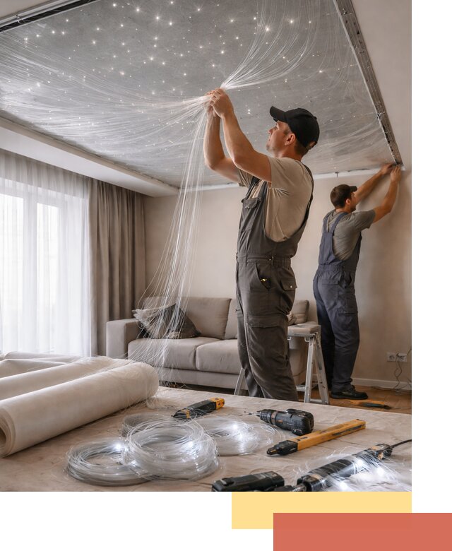 Монтаж натяжного потолка «Звездное небо» в Учалах