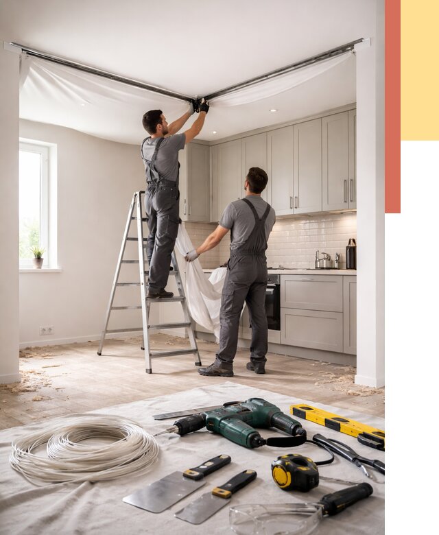 Установка натяжного потолка на кухне в Учалах от 2440 руб. | ОТДЕЛОЧНИК-Члы