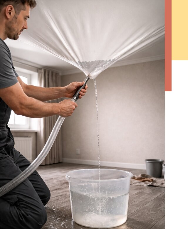 Слив воды с натяжного потолка в Учалах от 2542 руб. быстро и недорого | ОТДЕЛОЧНИК-Члы